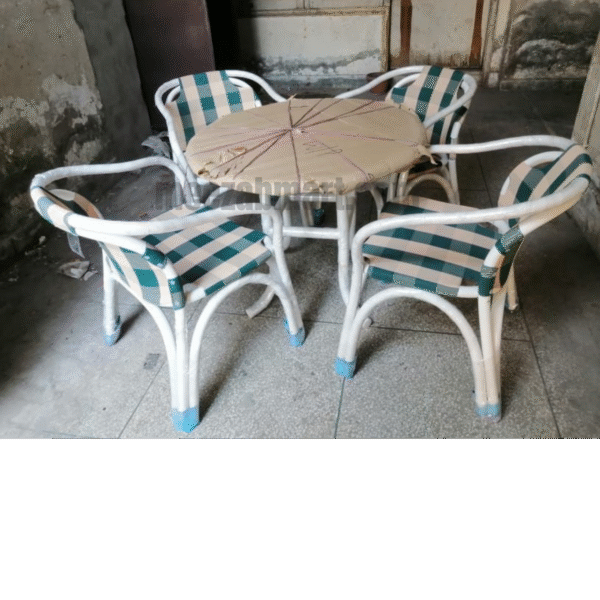 Outdoor Patio Table with 4 Chairs – White Frame with Checkered Fabric - Image 2