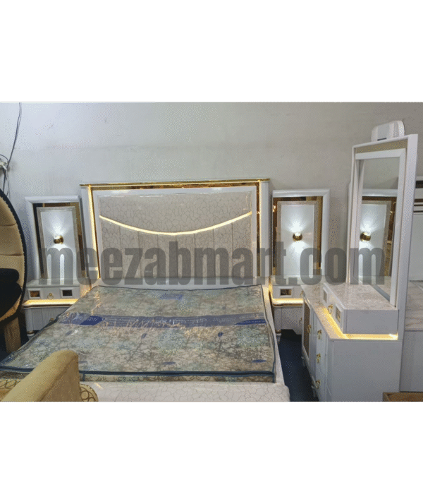 Luxury King Size LED Bed Set – White & Gold Finish