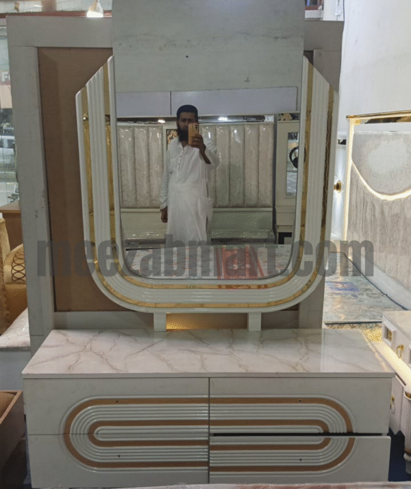 Modern Glossy King Bed Set – White & Gold Striped Panel Design - Image 2