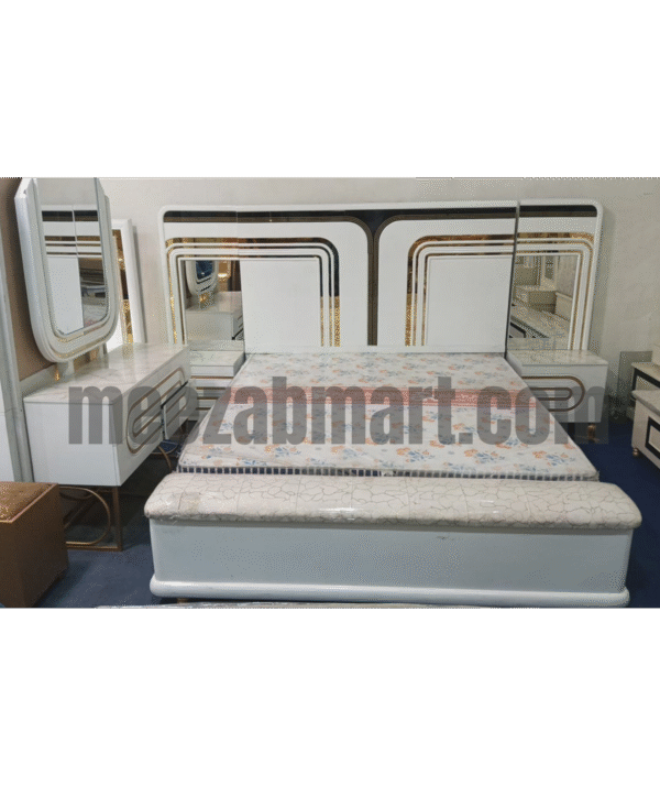 Modern Glossy King Bed Set – White & Gold Striped Panel Design
